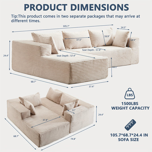 107-inch Modern L-Shaped Cloud Sectional Sofa with Chaise - Modular Plush Corduroy Couch, Deep Seat Living Room & Bedroom Sofa, No Assembly Required, Grey Upholstered (Compatible with Chinese Product Name)