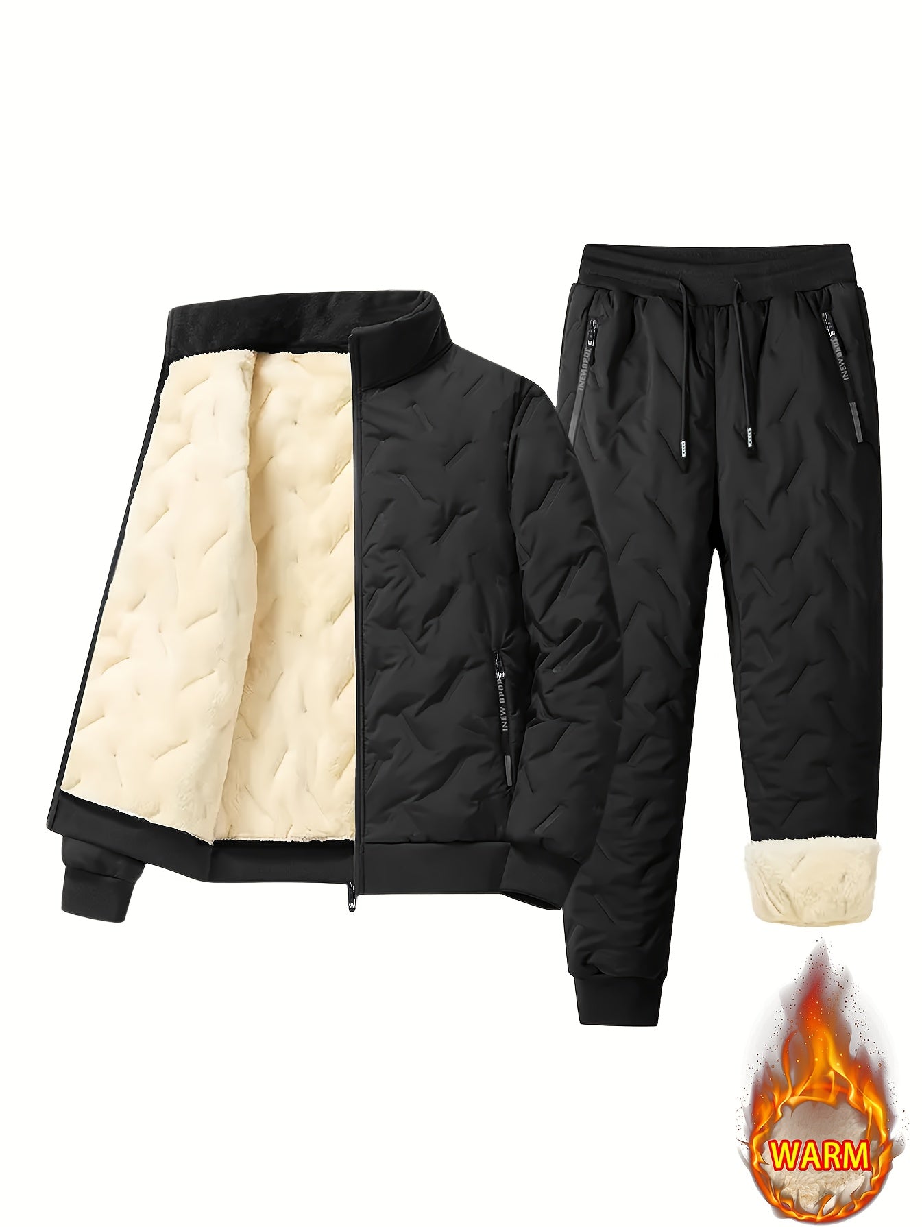 A Two-Piece Men'S Casual Outfit Featuring a Thickened And Fleece-Lined Jacket And Pants, Designed for Winter Sports And Leisure. This Set Includes a Zip-Up Jacket with Warm Lamb Fleece Lining, Suitable for Both Men And Women. It Has Properties