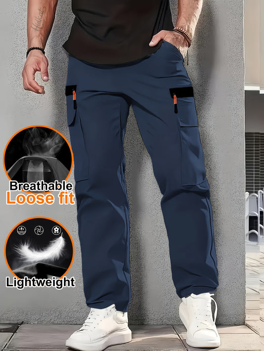 [Men's Cargo Pants] Men's Outdoor Loose Cargo Pants - Durable Polyester, Multiple Pockets, Faux Zipper Pockets, Oversized Fit, Drawstring Waist, Lightweight and Breathable, Suitable for Hiking, Camping, and Casual Wear