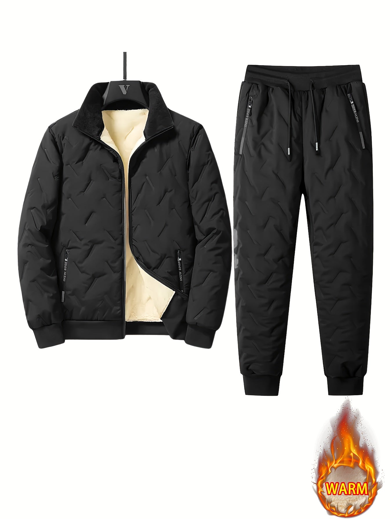 A Two-Piece Men'S Casual Outfit Featuring a Thickened And Fleece-Lined Jacket And Pants, Designed for Winter Sports And Leisure. This Set Includes a Zip-Up Jacket with Warm Lamb Fleece Lining, Suitable for Both Men And Women. It Has Properties