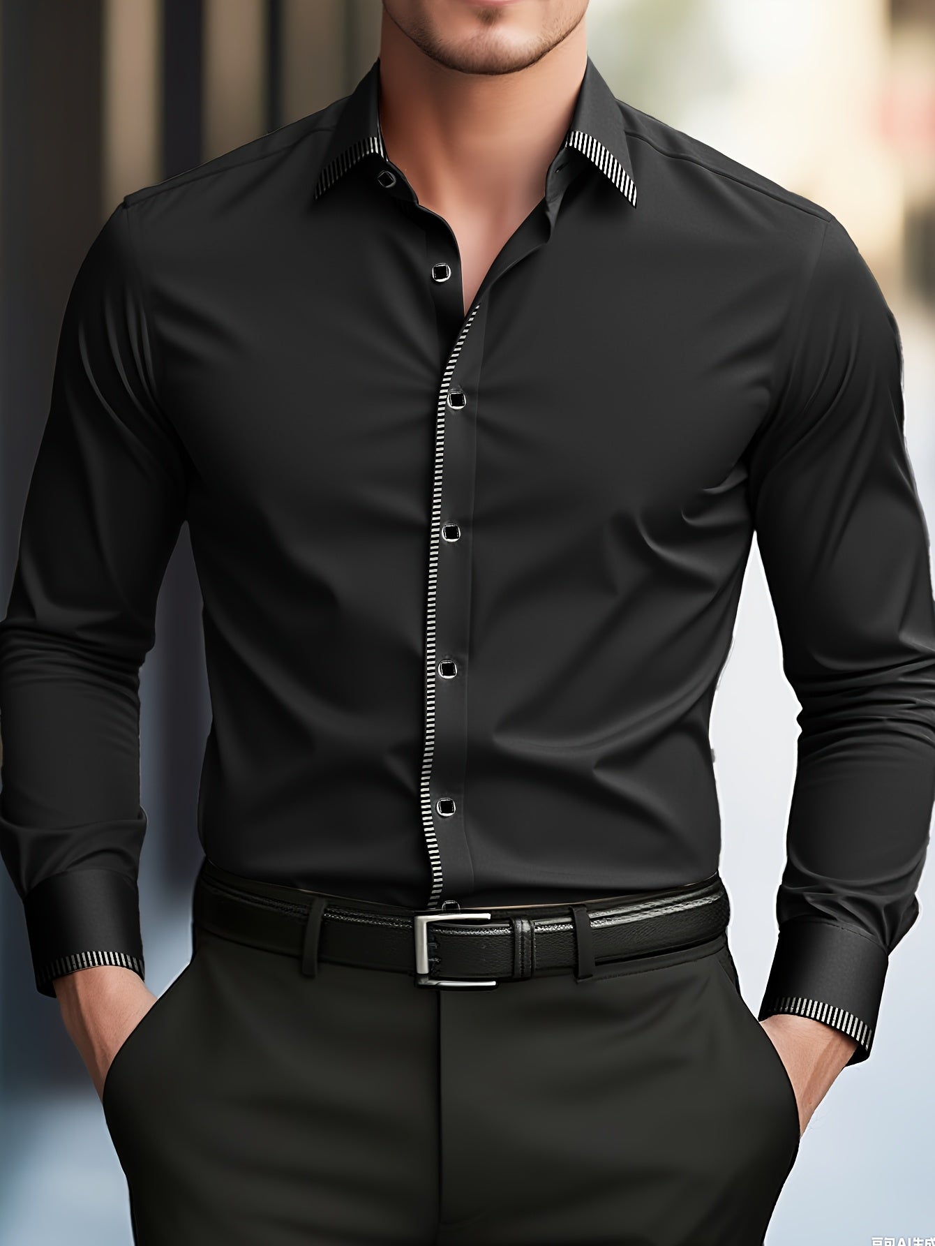 [Stretchable|Non-Wrinkle] Stretchable Non-Wrinkle Men's Long Sleeve Business Shirt | Striped Patchwork, Lapel Collar, All-Season