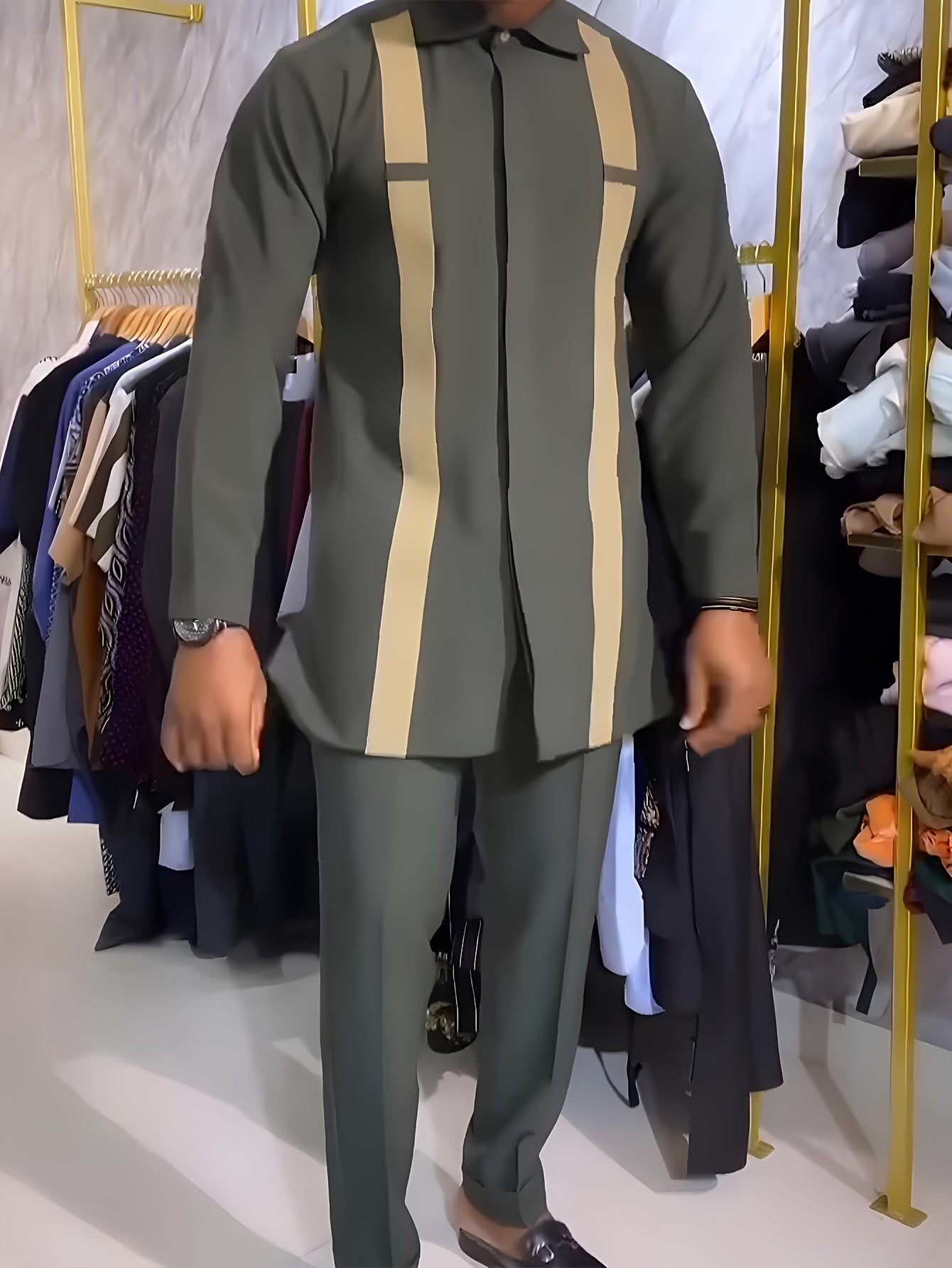 [Men's Casual Shirt Set] Men's smart casual classic striped pattern digital print, long-sleeved shirt with casual trouser set, suitable for everyday casual holiday set