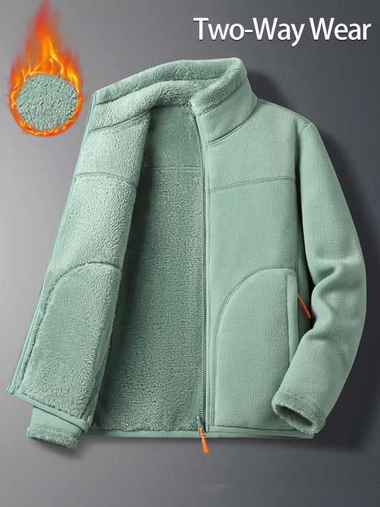 Women's Fashion Solid Color Warm Fleece Jacket, Autumn Winter Comfortable Thickened Reversible Fleece Jacket