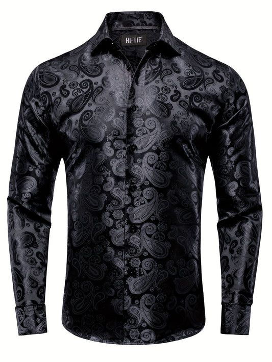WSHOWY Men'S Jacquard Long-Sleeve Dress Shirt with Woven Paisley Pattern, Suitable for Casual And Formal Events