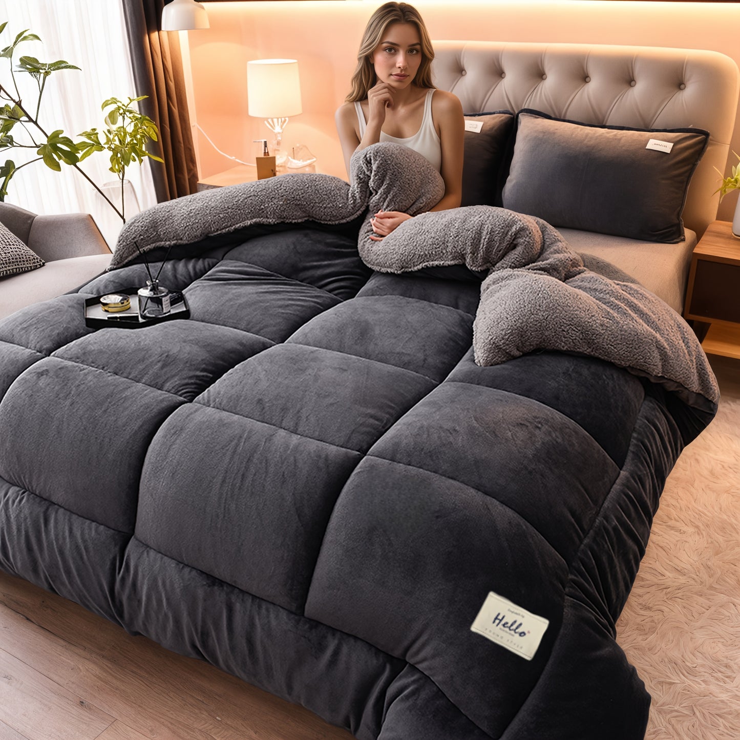 1pc Thick Plush Winter Quilt - Ultra Soft & Extra Warm Milk Fleece Comforter with Reverse, Quilted Craft for All-Season Warmth & Comfort, Machine Washable Bedding for Bedroom, Dorm & Guest Room.