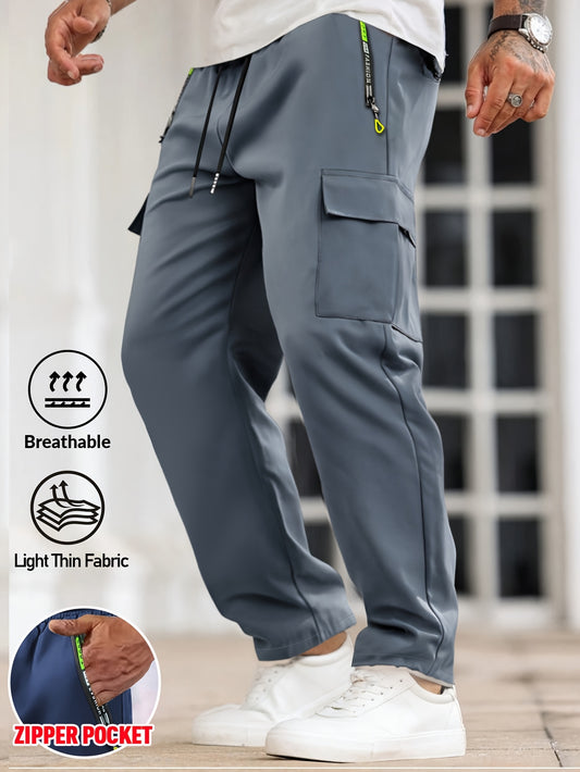 1pc Men's Fashion Solid Color Pants with Zippered and Drawstring Multi-Pocket Casual Breathable Trousers, Suitable for Summer Outdoor Activities