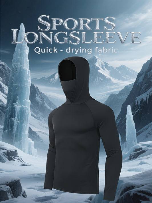 Hooded High-neck Men's Quick- Windproof Long-sleeve Shirt with Face Mask - Elastic Muscle-fit, Lightweight High-compression Sportswear, Suitable for Outdoor Activities, Running, Fitness, Fishing, Skiing, Cycling, and Multiple Scenarios