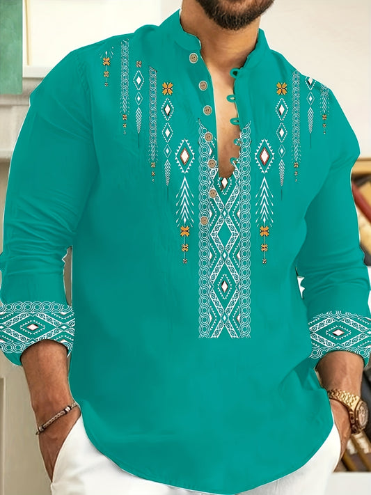 Stylish Long-Sleeve Shirts for Men Featuring Unique Ethnic Print Designs, Plus Size