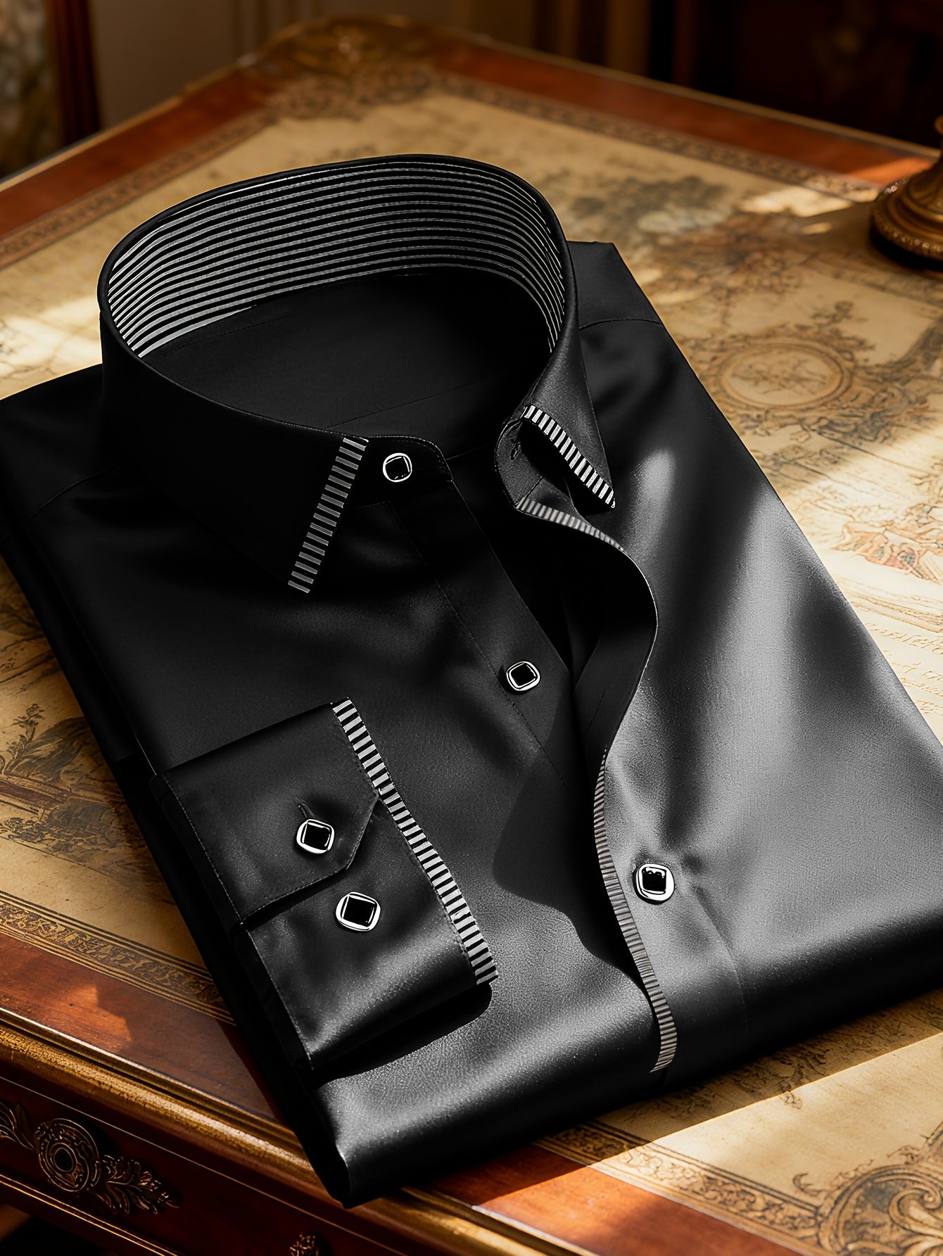 [Stretchable|Non-Wrinkle] Stretchable Non-Wrinkle Men's Long Sleeve Business Shirt | Striped Patchwork, Lapel Collar, All-Season