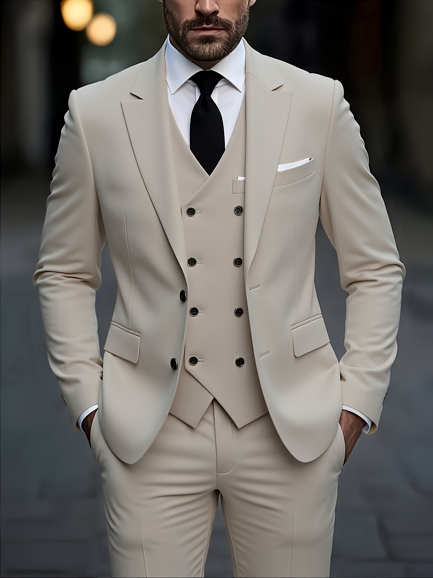 2024 Men'S Fashion New Casual Boutique Business Solid Color Stretch Fabric Double Slit Slim Evening Suit Coat Pants Vest Three Piece Set for Grooms And Best Men Blazers Jacket Trousers Double Breasted Waistcoat 3pcs