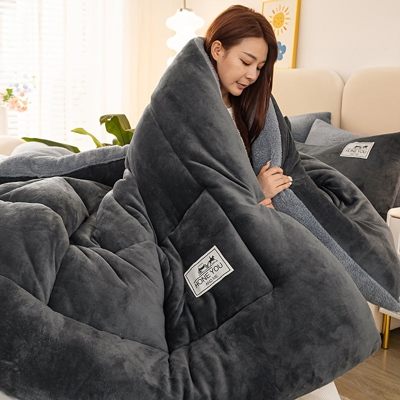 1pc Thick Velvet Quilt, Contemporary, Machine Washable, All-Season Use with Polyester Filling and Cover for Bed, Sofa, Camping - Suitable for Bedroom, Guest Room, Dorm, Outdoor, Warm Quilt with Multi-Needle Quilting Technology, Fluffy Lightweight