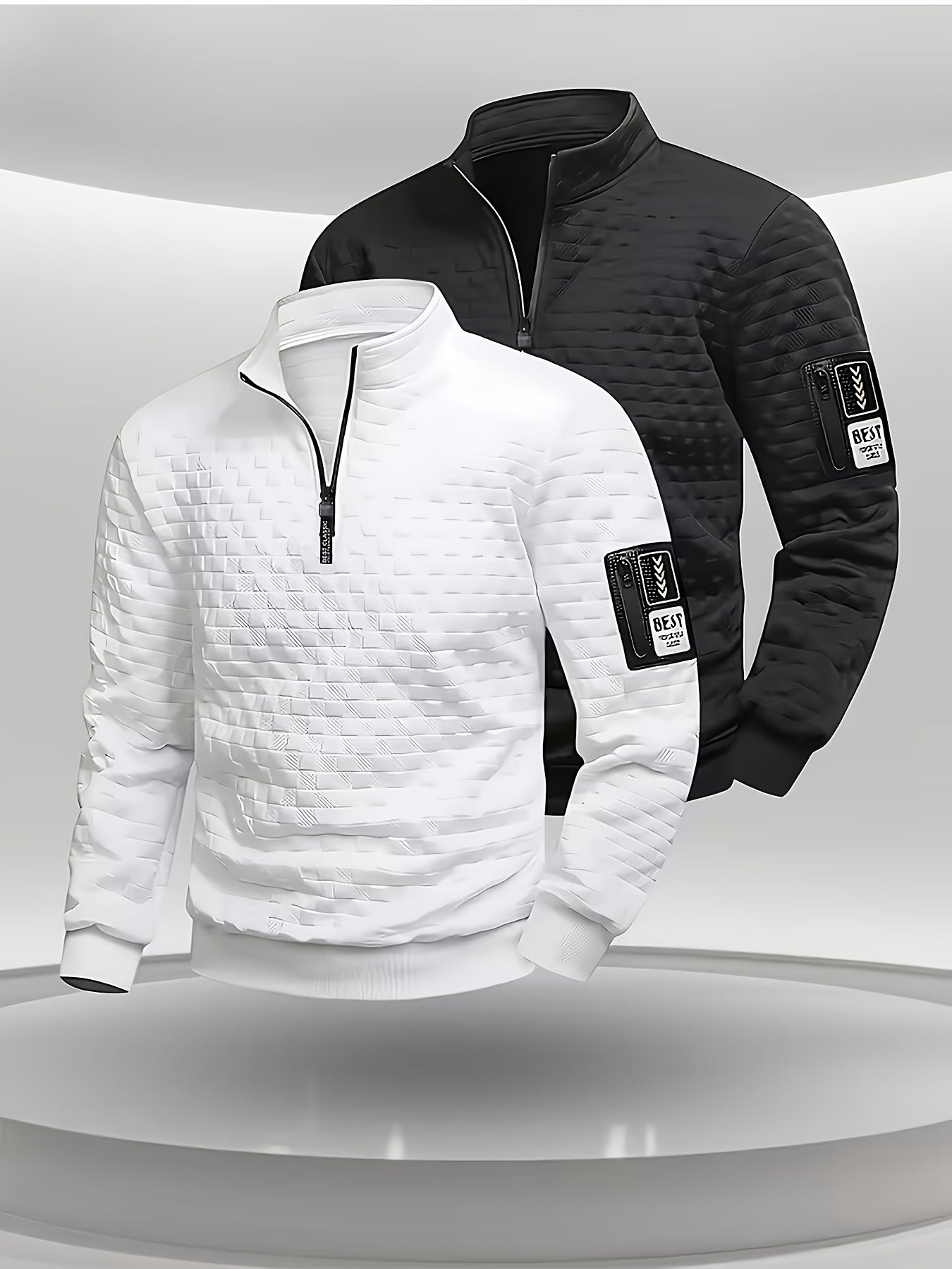 A Single Men'S Casual Long-Sleeve Henley Shirt with a Half-Zip Front, Machine Washable Polyester Stretch Pullover, Suitable for Sports, Outdoor Activities, Gym, Office