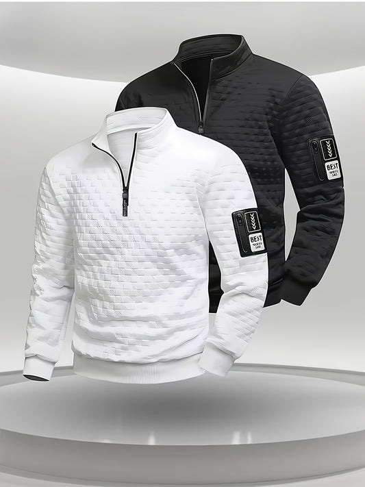 A Single Men'S Casual Long-Sleeve Henley Shirt with a Half-Zip Front, Machine Washable Polyester Stretch Pullover, Suitable for Sports, Outdoor Activities, Gym, Office