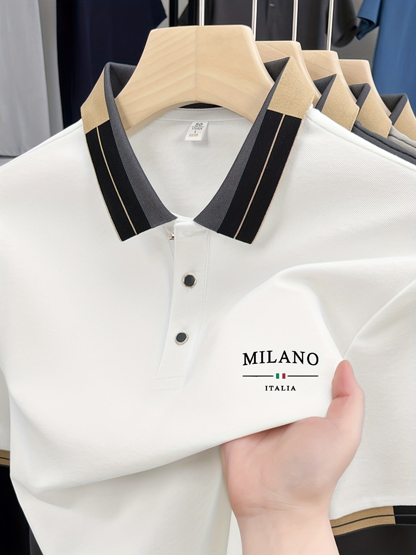 [Men's Lightweight Polo Shirt] Men's Lightweight Soft POLO Shirt with 'MILANO ITALIA' Print | Breathable Summer Casual And Business Wear, Regular Fit, Button Collar, Ideal for Vacation And Daily Use, Fashion Contrast Design, Soft Fabric