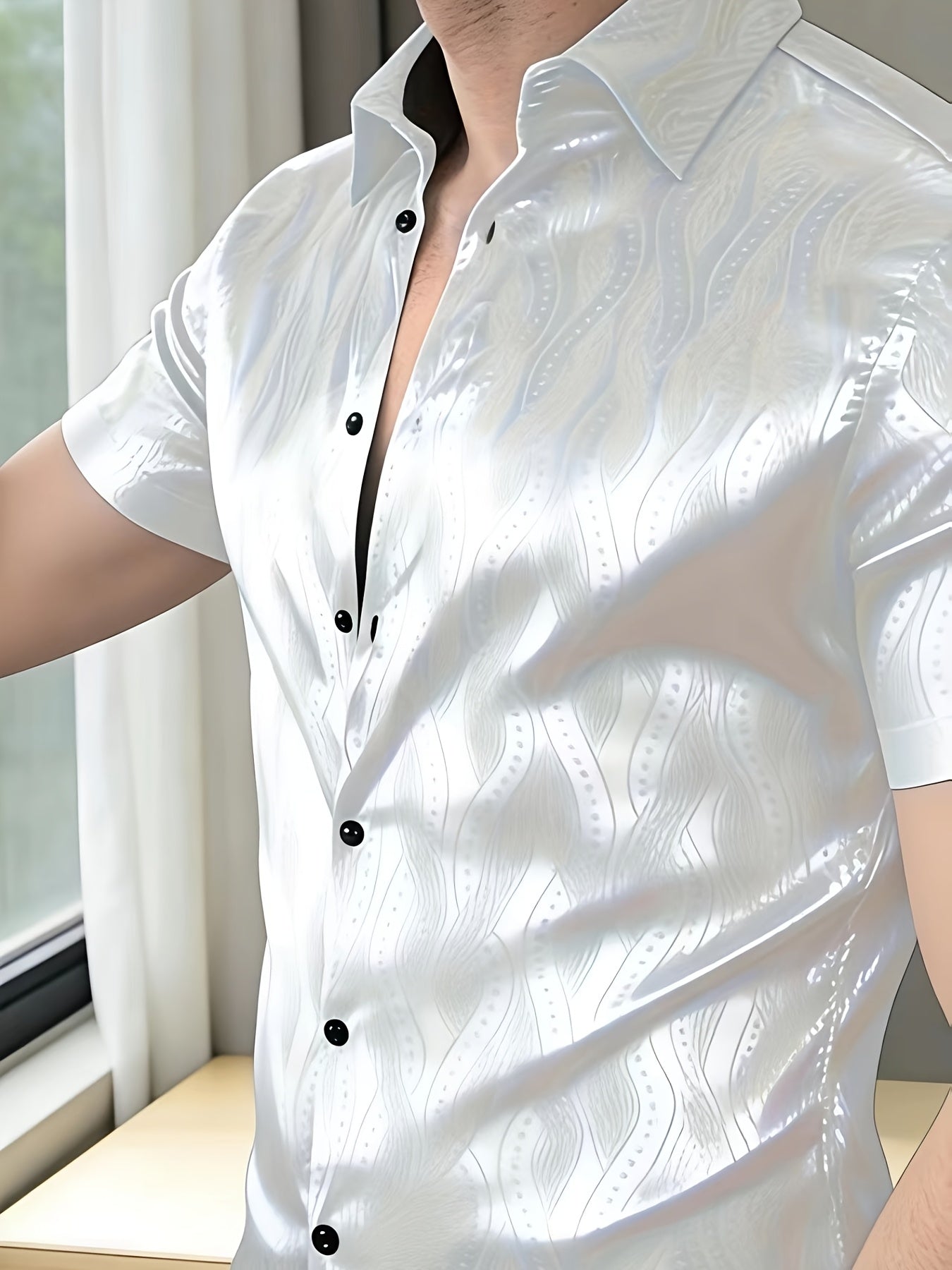 Summer Lightweight Red and White Subtle Pattern Short Sleeve Shirt for Men, High-End Slim Fit Stylish Top