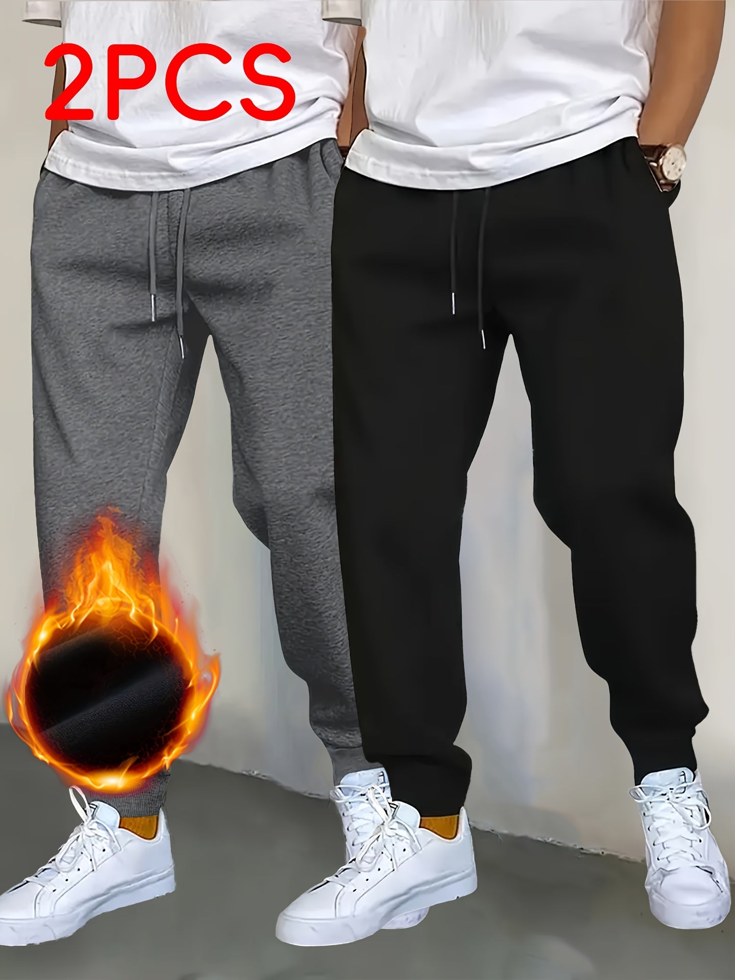 2pcs Jogger Pants, Men's Long Pants for Autumn/Winter, Thickened Outdoor Casual Drawstring Joggers for Sports and Leisure