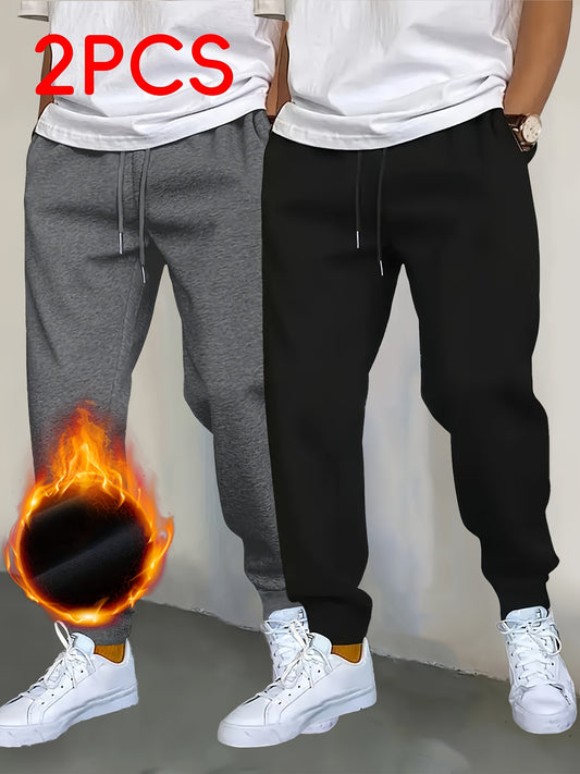 2pcs Jogger Pants, Men's Long Pants for Autumn/Winter, Thickened Outdoor Casual Drawstring Joggers for Sports and Leisure