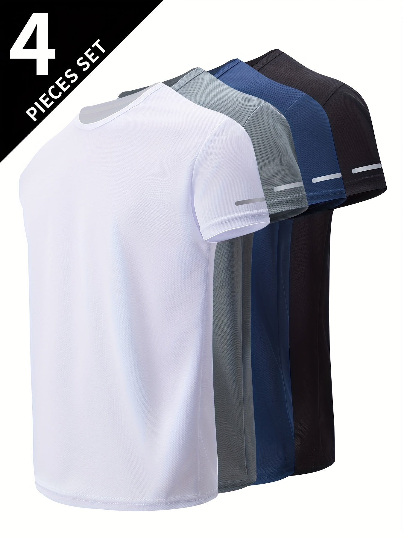 4pcs Summer Breathable Quick-Dry T-Shirts with Reflective Strips for Men's Running, Fitness Training, Short Sleeve Round Neck Tops