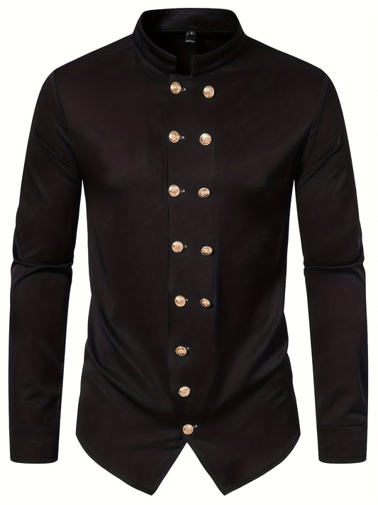 Vintage Royal Style Double-Breasted Henley Shirt with a Small Stand-Up Collar for Muscular Men in Larger Sizes