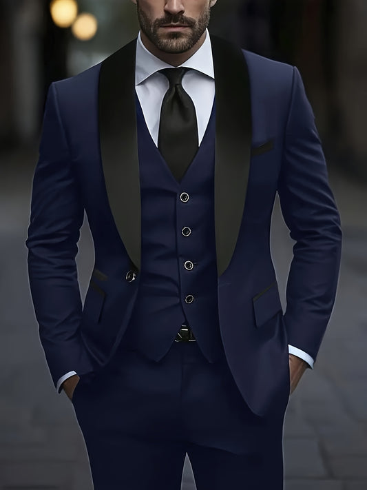 [3pcs Business Suit] 3pcs Men's Business Casual Suit Set | Suit + Vest + Trousers | for Banquet Work and Wedding Wear