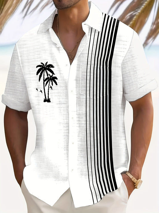 [Casual Coconut Shirt] Casual Coconut Tree Stripe Print Men's Button-Pocket Short Sleeve Shirt