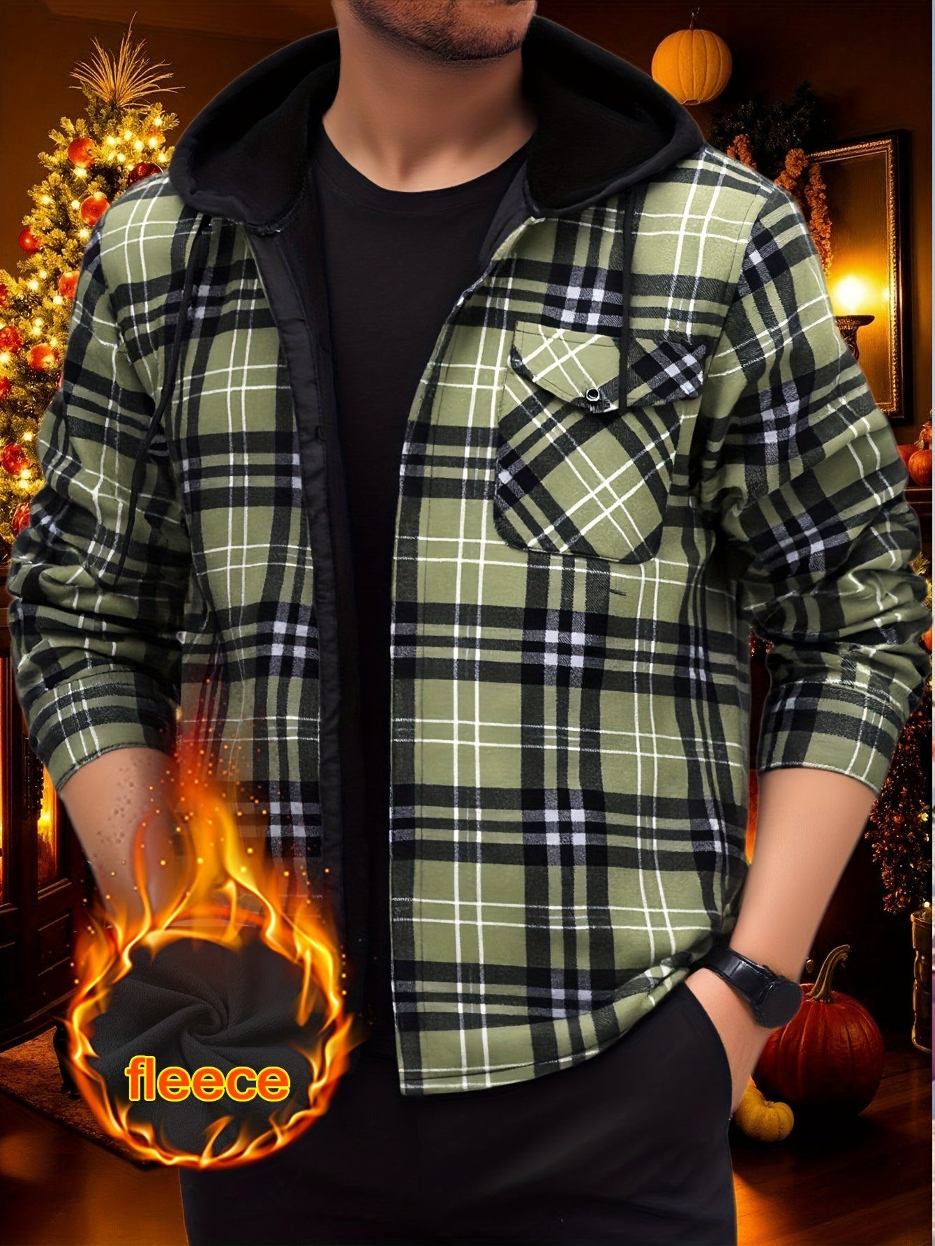 2026 New Men'S Inner Fleece Hoodie Checkered Warm Shirt Coat | Outdoor Sports Hoodie, Retro Maillard Leisure New Year Christmas Gift Recommendation, Elegant Style with Pockets, Long Sleeves, Medium Stretch Fabric