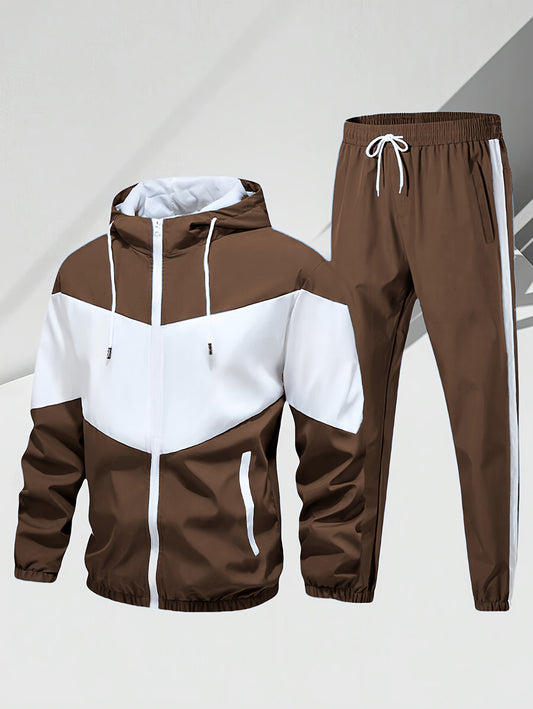 [2pcs Casual Sportswear Set] 2pcs Men's Casual Sportswear Set | Unisex Couple's Four Seasons Loose Color Block Outfit with Hooded Zip-Up Jacket, Joggers, Gym Workout Running Outdoor Suit, Elastic Waist Pants, Hoodie Top and Pants Two-Piece Versatile Ever