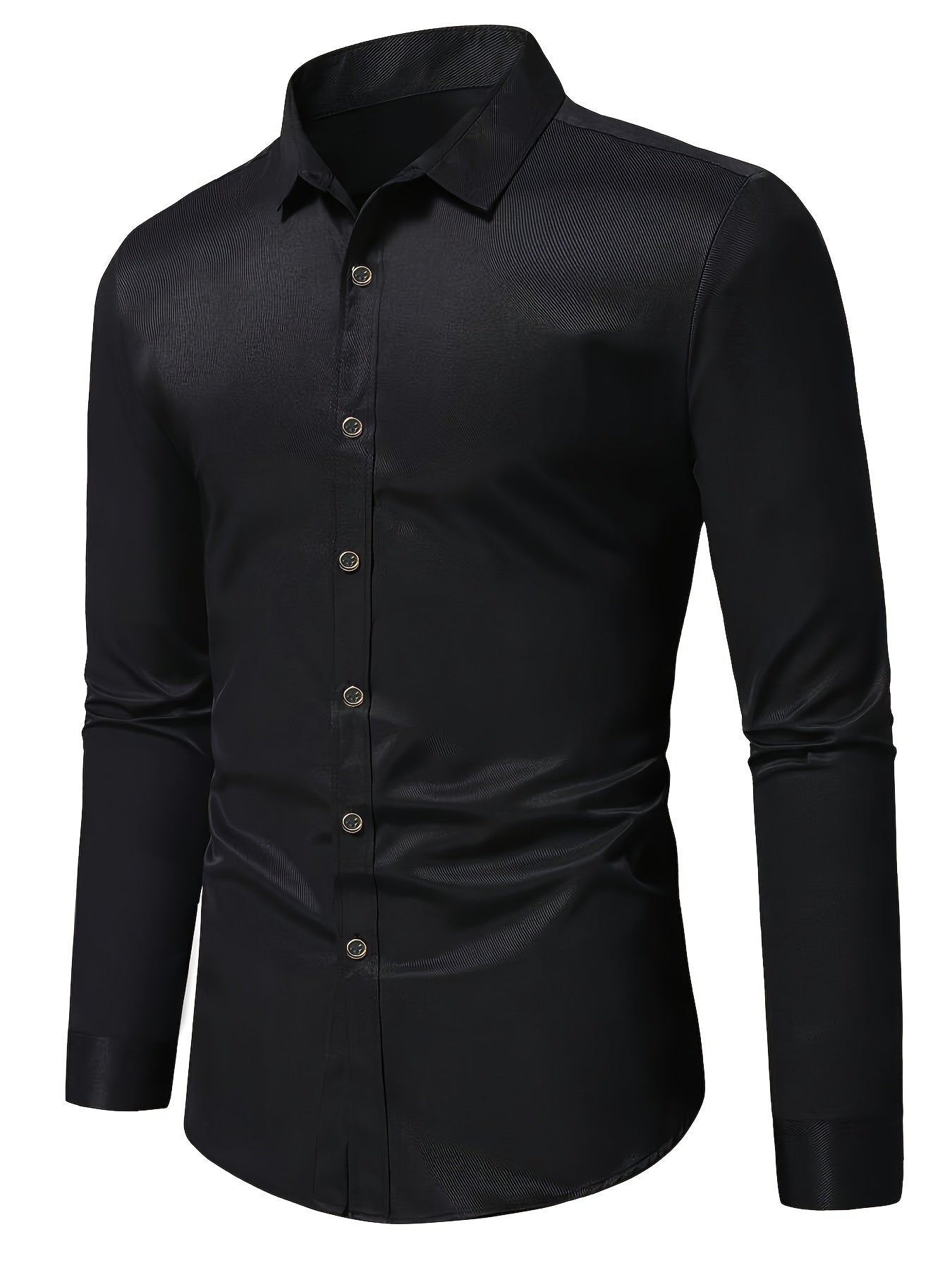 Version 363 Solid Color Golden-Trimmed Button- Placket Six-Pointed Collar Long-Sleeve Dress Shirt