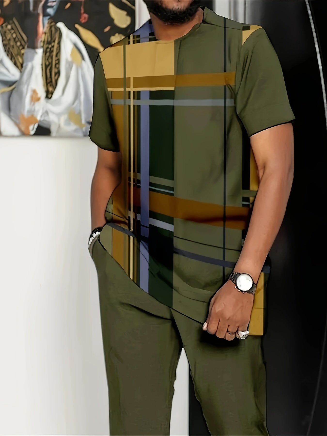 [Fashion Print Set] Polyester Men's Fashion Print Set | Casual Color Block Art Style, Long Sleeve Shirt & Shorts, Machine Washable | Perfect for Parties & Casual Attire