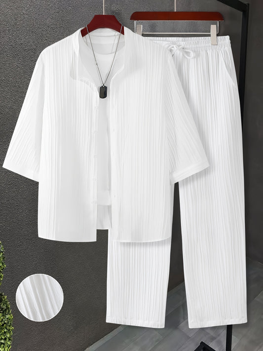 2pcs Set Men's Plus Size Casual Suit Set with Stand Collar Button-Front Shirt & Matching Trousers - Solid Color Large Size Business Casual Wedding Party Attire, Machine Washable Regular Fit Suit Collection, PLUS SIZE