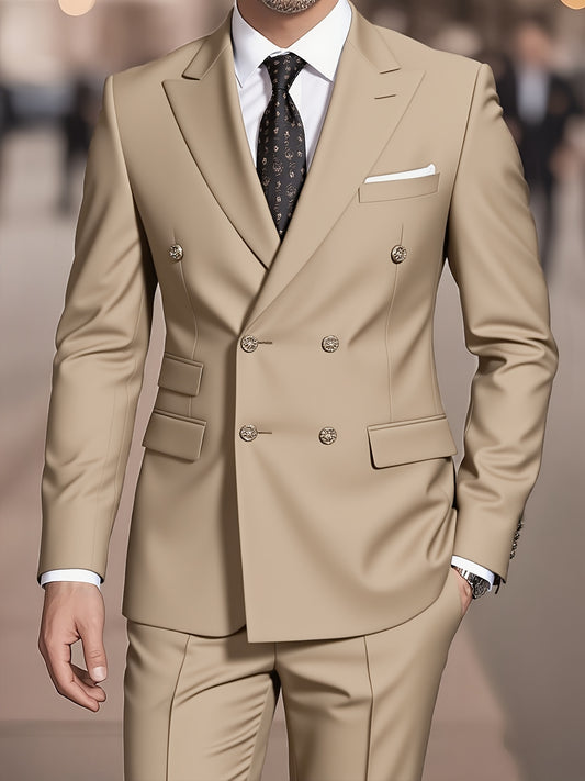 2pcs Men's Casual Suit - Solid Color Suit Jacket & Trousers, Non-Stretch Fabric, Peak, Regular Fit Matching Suit for Weddings, Business Events, Formal & -Casual Occasions