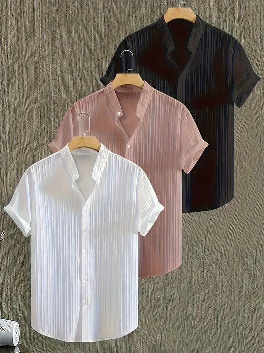 [Men's Casual Shirt 3pcs] Men's Casual Short Sleeve Solid Color Button- Shirt with Stand Collar, Suitable for Formal Office Wear and Business or Leisure, 3pcs Set