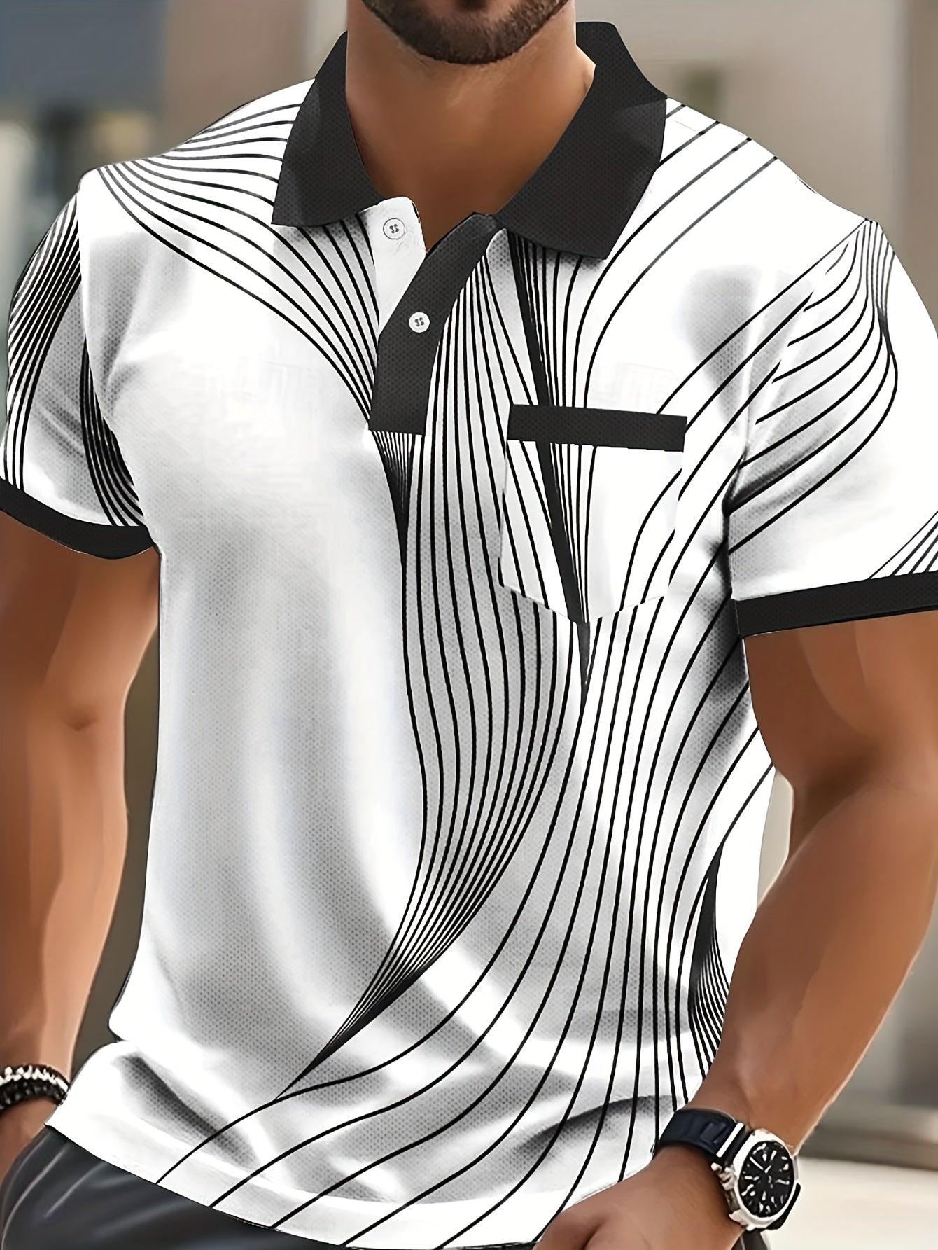 Trendy Men's Short-sleeve Shirt, White with Dynamic Line Print, Full of Modern Style