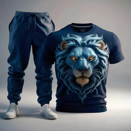 Moon Light Blue Lion Print Crewneck Tracksuit