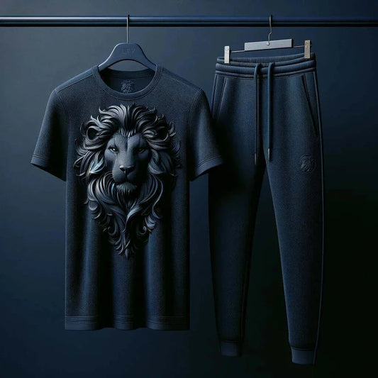 Navy Blue T-Shirt with 3D Lion Design & Track Pant