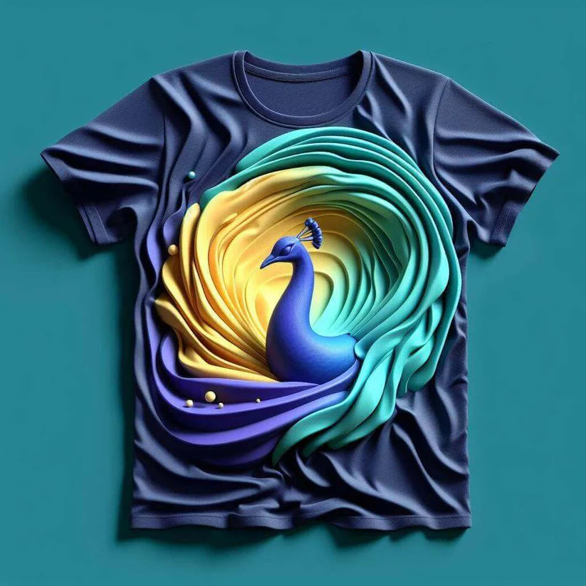 Peacock Abstract on Dark Blue Tee - Vibrant Elegance
