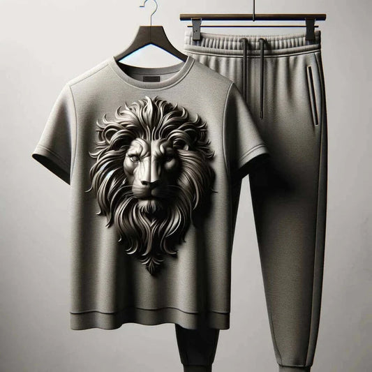 Roar Grey T-Shirt with Striking 3D Lion Design & Matching Track Pant