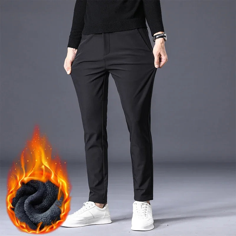 Winter Warm Fleece Men's Business Casual Pants Stretch Slim Fashion Korean Thermal Trousers Classic Simple Male Plush Clothes