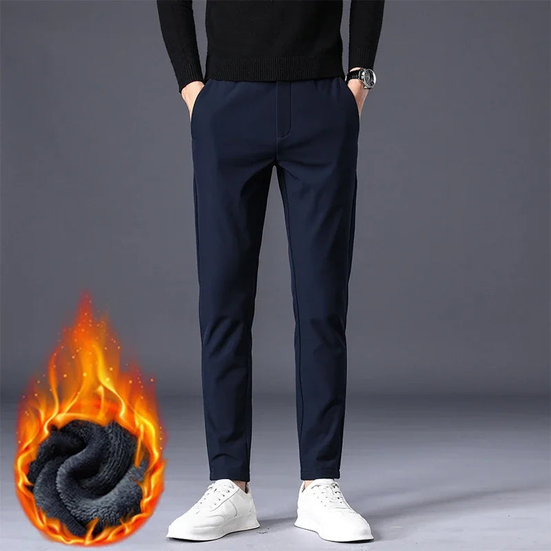 Winter Warm Fleece Men's Business Casual Pants Stretch Slim Fashion Korean Thermal Trousers Classic Simple Male Plush Clothes