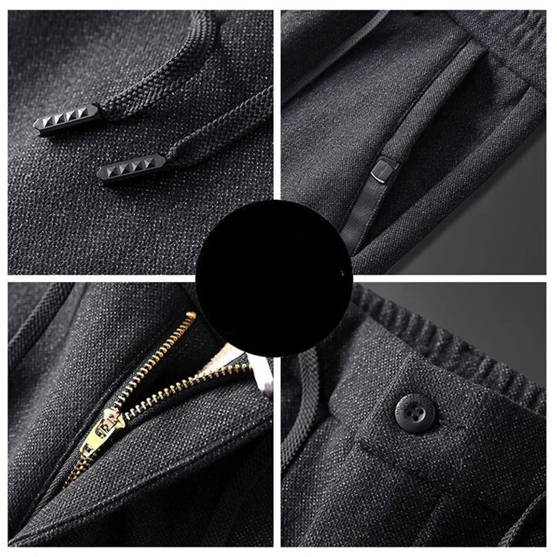 Autumn Winter Men Thermal Office Pants Straight Narrow Leg Classic Casual Pants Drawstring Tie Up Design Thicken Fleece Trousers