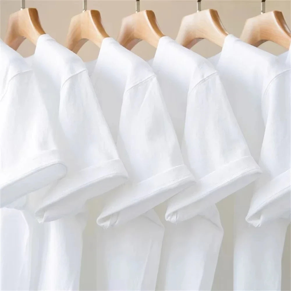 500/300g Heavy-duty White Pure Cotton T-shirt Thickened Threaded Round Neck Short Sleeves Three Needle Half Sleeve Tees