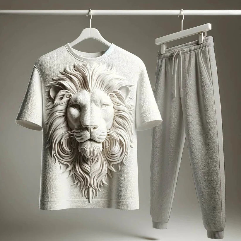 WHITE T-Shirt Majestic 3D Lion Design & GREY Track Pant