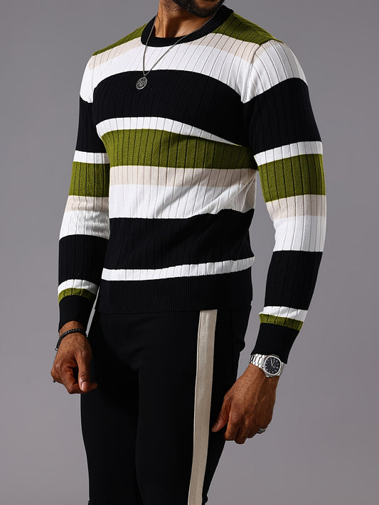 Striped Color-blocked Round-neck Long-sleeve Ribbed Pullover Knit Sweater