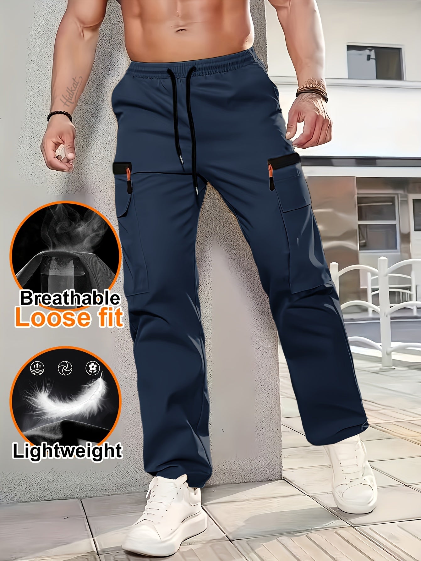[Men's Cargo Pants] Men's Outdoor Loose Cargo Pants - Durable Polyester, Multiple Pockets, Faux Zipper Pockets, Oversized Fit, Drawstring Waist, Lightweight and Breathable, Suitable for Hiking, Camping, and Casual Wear