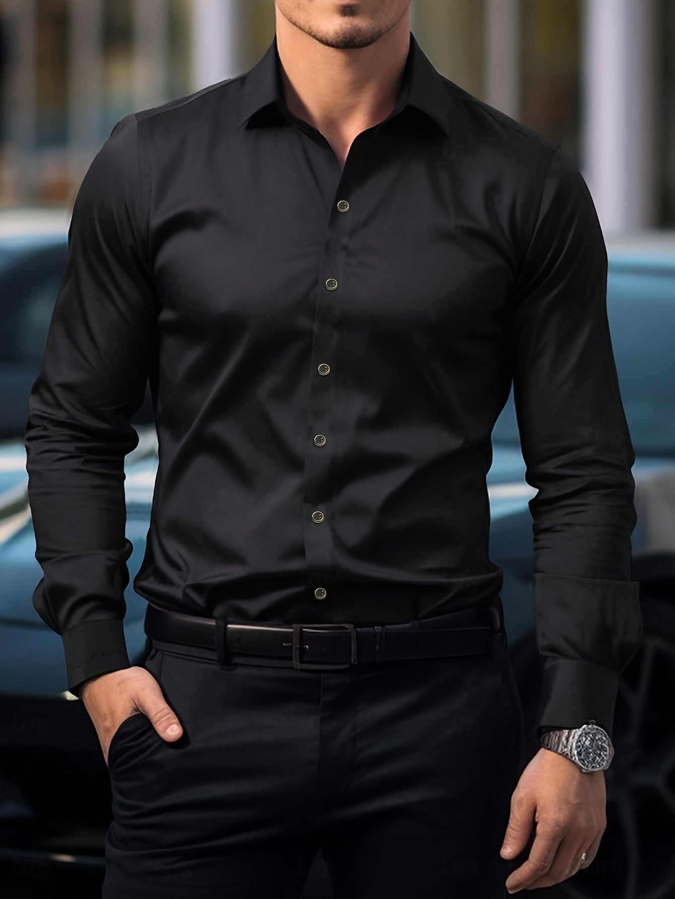 Version 363 Solid Color Golden-Trimmed Button- Placket Six-Pointed Collar Long-Sleeve Dress Shirt