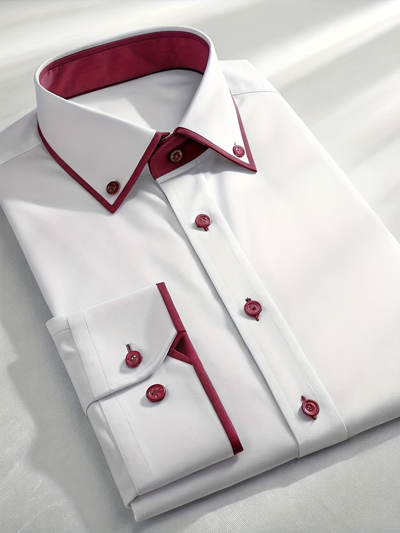 [Striking Style Shirt] Striking Style Shirt | Burgundy Collar & Buttons | High-Quality Fabric