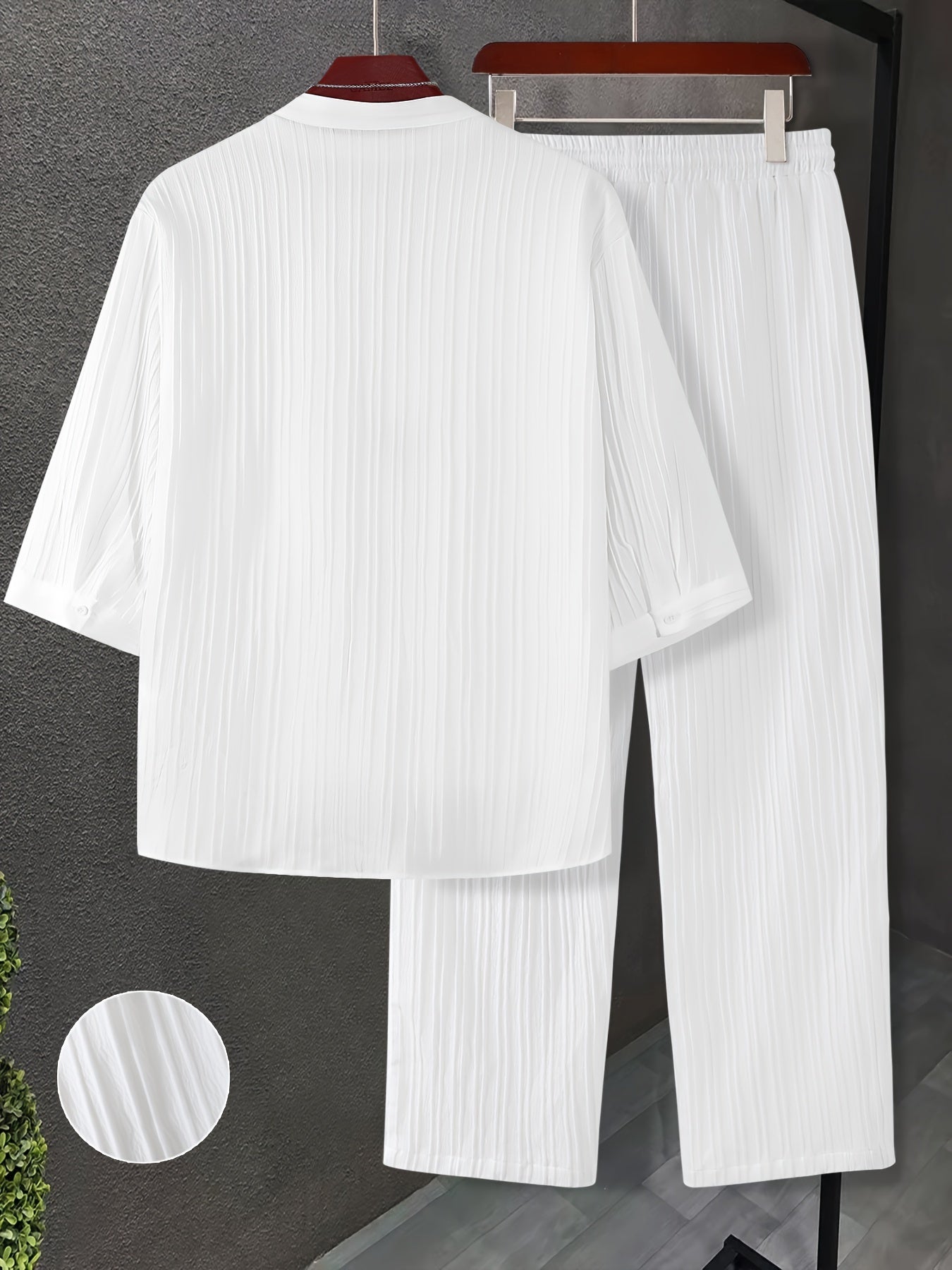 2pcs Set Men's Plus Size Casual Suit Set with Stand Collar Button-Front Shirt & Matching Trousers - Solid Color Large Size Business Casual Wedding Party Attire, Machine Washable Regular Fit Suit Collection, PLUS SIZE