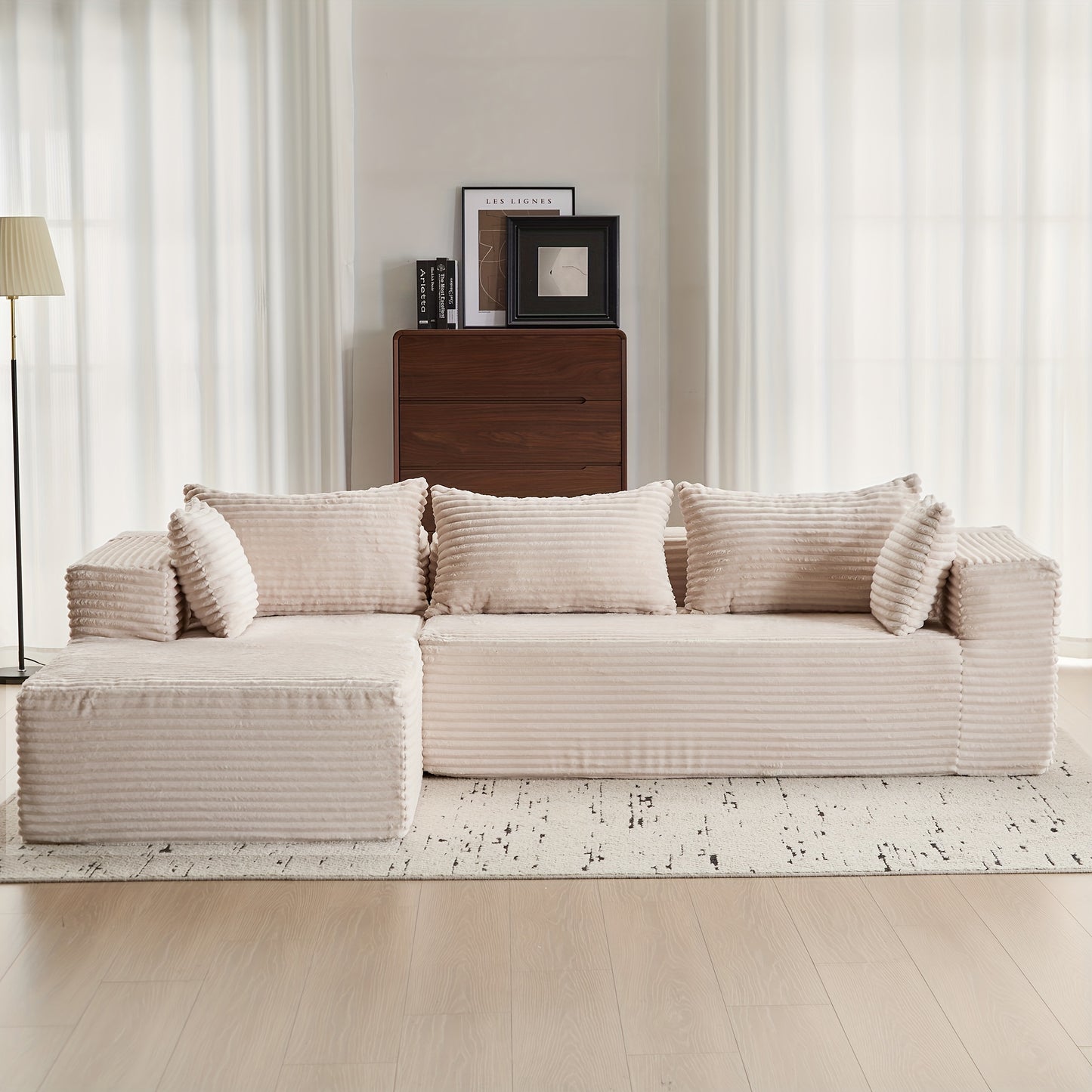 107-inch Modern L-Shaped Cloud Sectional Sofa with Chaise - Modular Plush Corduroy Couch, Deep Seat Living Room & Bedroom Sofa, No Assembly Required, Grey Upholstered (Compatible with Chinese Product Name)