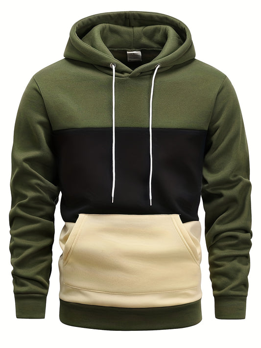 [Color Block Hoodie] Men's Color Block Hoodie - Casual Pullover with Kangaroo Pocket, Long Sleeve, Machine Washable