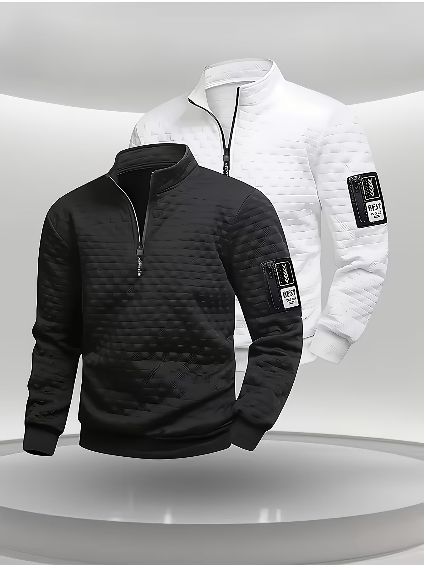 A Single Men'S Casual Long-Sleeve Henley Shirt with a Half-Zip Front, Machine Washable Polyester Stretch Pullover, Suitable for Sports, Outdoor Activities, Gym, Office